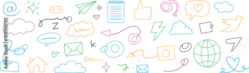 Internet sketch icon set for emojis.  Internet chat, media outline, tech emoji, star, and arrow form.  Chat emoticon reaction, digital cloud, and smiling face parts are all hand drawn.  Vector set