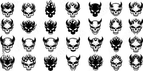 monochrome demon skull emblems in bold vector tattoo style. 