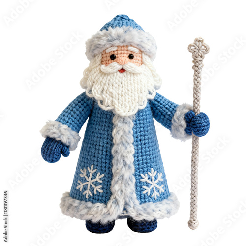 Cute crochet Ded Moroz toy doll (Russian Santa) on transparent background