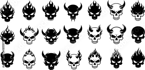 monochrome demon skull emblems in bold vector tattoo style. 