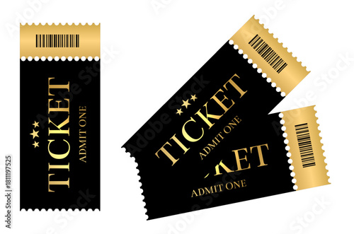 Two cinema tickets in black and gold design, realistic vector template for movie theater admission, film festival, premiere or entertainment event.