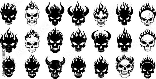 monochrome demon skull emblems in bold vector tattoo style. 