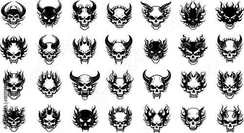 monochrome demon skull emblems in bold vector tattoo style. 