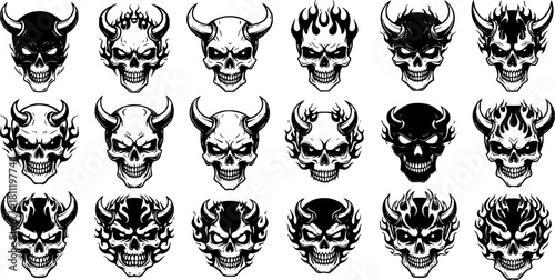 monochrome demon skull emblems in bold vector tattoo style. 