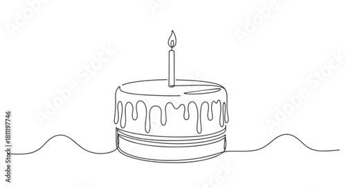 A visually appealing single line continuous drawing of a delicious birthday cake with a single lit candle on top, celebrating a special occasion
