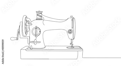 Continuous single line drawing of a vintage sewing machine, minimalist outline illustration of a classic sewing appliance, isolated on white