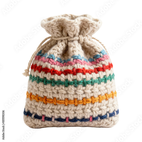 Colorful handmade yarn gift bag on transparent background