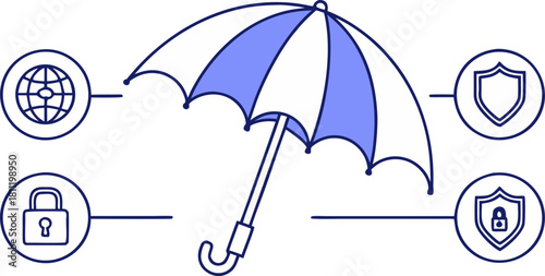 Flat vector illustration showing umbrella protecting laptop with lock and warning shield, symbolizing cybercrime risks, data breach alerts and online security for tech banners, apps and infographics.