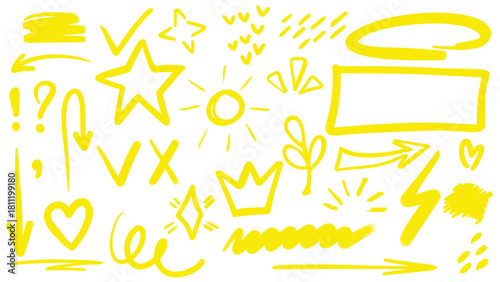 Set of neon yellow marker drawings in doodle sketch style. Simple hand drawn symbols for note taking, diary and blog post design. Vector elements