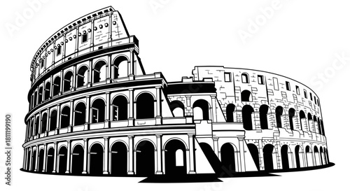Black and white vector illustration of the ancient Roman Colosseum, a famous historical landmark and amphitheater.