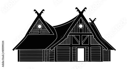 Black silhouette of a traditional Viking longhouse or Nordic wooden building with ornate gables and a steep roof, isolated on white.