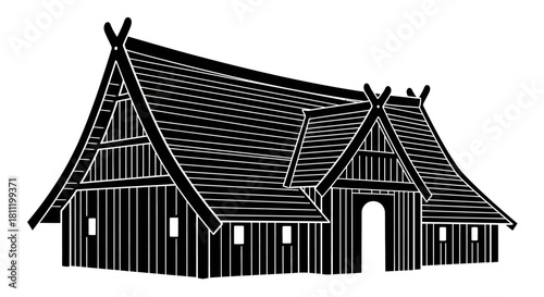 Black and white illustration of a traditional Viking longhouse with a steeply pitched roof and decorative gables, a historical cultural building.