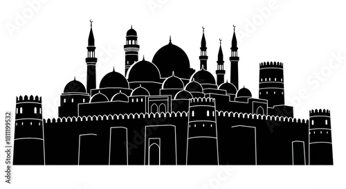 Black silhouette of an elaborate Middle Eastern or Islamic city skyline featuring multiple domes, tall minarets, and fortified walls, suggesting an ancient or historical urban landscape.