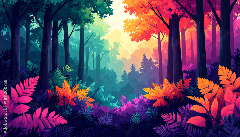 Fototapeta premium Dreamlike forest escape enchanted woodland digital art vibrant nature surreal landscape mystical viewpoint