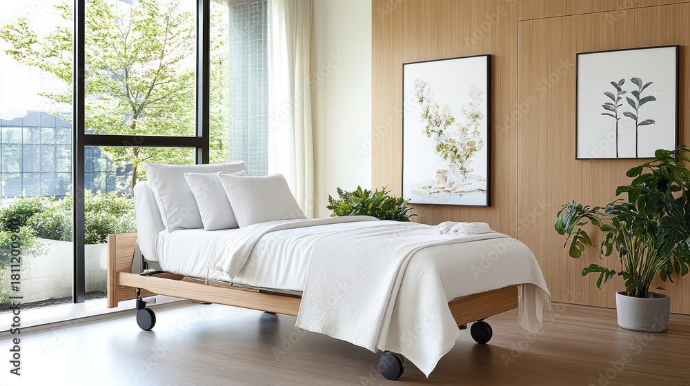 Fototapeta premium Neutral white bed with soft linens and peaceful morning light in modern room
