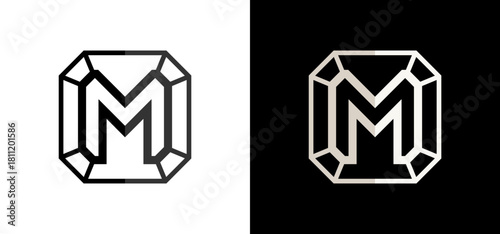 Letter M with crystal elements as the outline. Vector logo for the cosmetics industry.