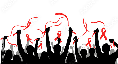 Silhouettes of people raising red ribbons for AIDS awareness and support, symbolizing solidarity and advocacy.