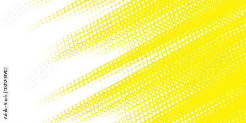 Yellow halftone corner gradient texture. Fading cartoon polka dot background. Dotted tilted gradation pattern. Fading comic pop art overlay backdrop. Vector slant frame halfton patern effect wallpaper