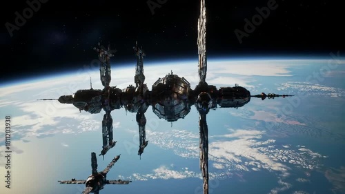 Futuristic space station orbiting Earth, advanced structure, Earth's atmosphere in background for film or game