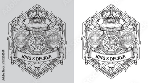 King's Decree Hexagonal Crest with Griffins, Crown, and Celtic Knot