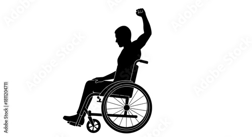 Silhouette of a person in a wheelchair with a raised fist, symbolizing strength and empowerment.