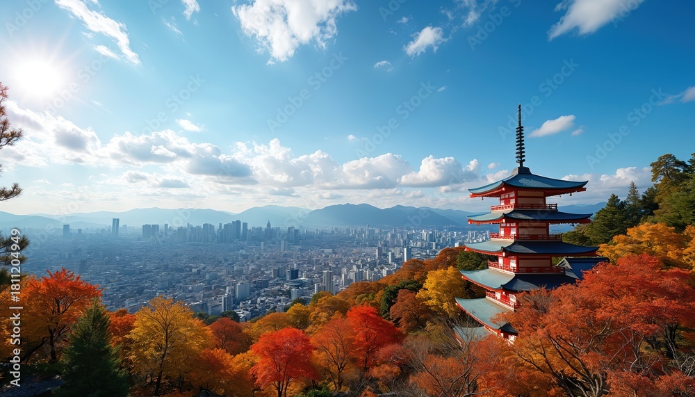 Fototapeta premium Scenic view of Tokyo skyline with a traditional pagoda in vibrant autumn foliage under a clear blue sky. Tall buildings contrast with colorful trees on a sunny day.