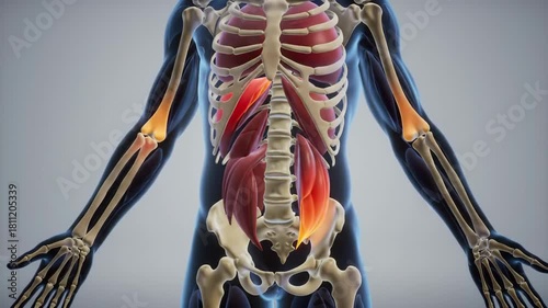 Human anatomy showing skeleton and muscles, illuminated against a background, for medical use