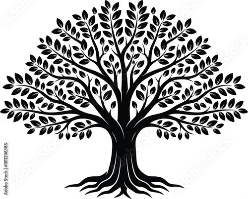 Tree of life silhouette vector, big oak with roots and leaves, black nature logo symbol isolated