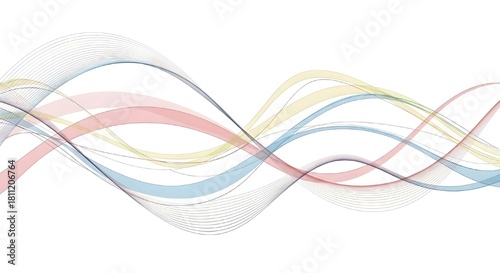 Colorful translucent waves flow across a white background, forming smooth overlapping curves in blue, red, yellow, and green tones.