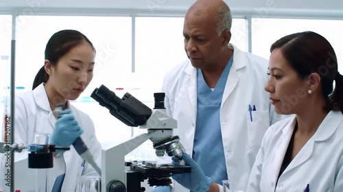 Scientists researching sample in lab with microscope, colleague observing, in a clean, bright environment