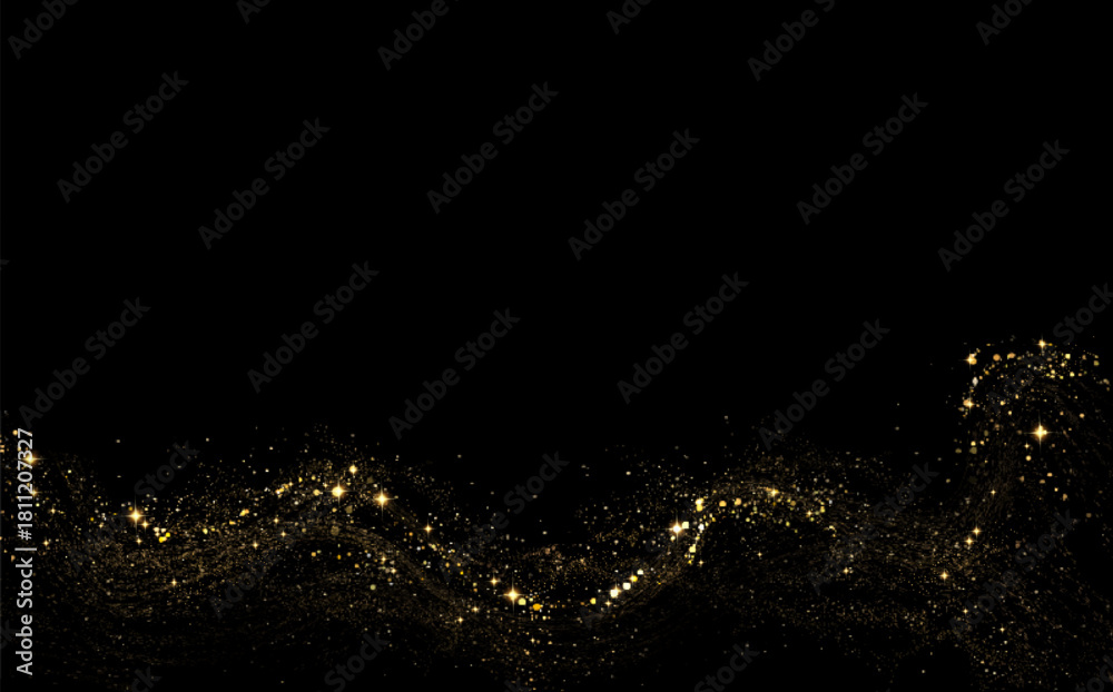 Obraz premium Isolated gold wavy pattern from small mosaic with glitter on black background.