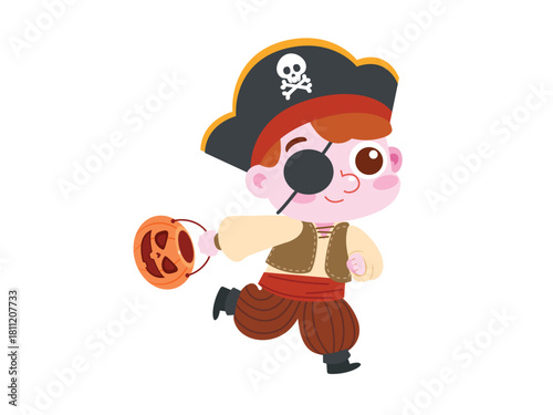 Cartoon child dressed as a pirate carrying a pumpkin basket.