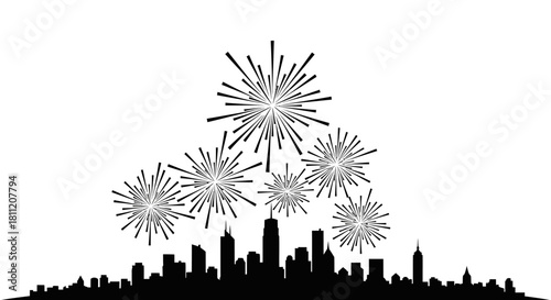 Black and white silhouette of a city skyline with multiple fireworks exploding above the buildings, celebrating an event.