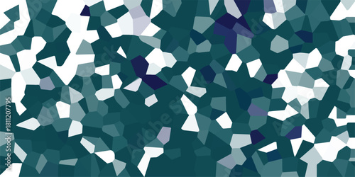 Geometric mosaic pattern with irregular polygons in shades of teal, blue, and white, creating a modern abstract background for design