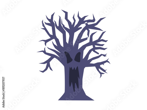 Illustration of a scary, leafless tree with a menacing face.