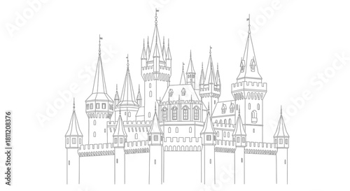 Intricate line art drawing of a fairytale castle with multiple towers and spires, featuring detailed architectural elements.
