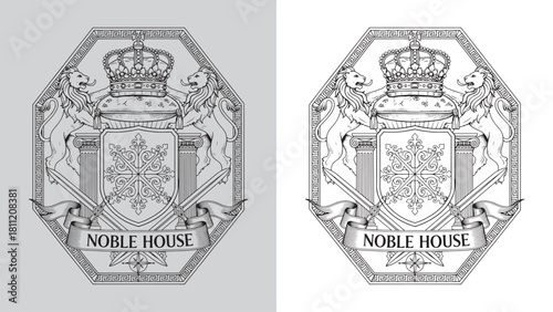 Noble House Octagonal Crest with Lions, Crown, and Ornate Shield