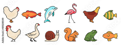 Old school 8 bit animal set. Pixel art objects. Vintage game graphics. Chicken, dolphin, flamingo, fish, snail, frog.