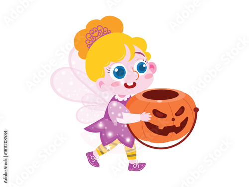 Young girl in fairy costume carrying a pumpkin bucket, excited for Halloween.