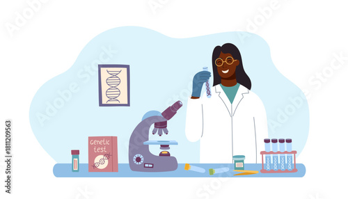 Flat vector illustration of a genetic female scientist working at the laboratory and holding DNA helix. Concept of biotechnology, DNA research, medical testing and genetics. Vector banner.