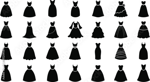 Stylized vector grid of 25 black dress silhouettes with varied necklines, sleeves, skirt shapes, and embellishment styles