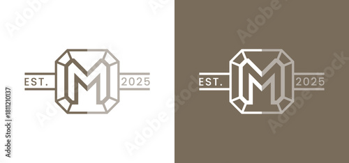 Vintage letter M logo design. Vector icon of the letter M with crystal or diamond elements.