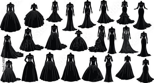 Stylized vector set of 25 black evening gowns with diverse silhouettes, necklines, sleeves, and skirt designs on dress forms