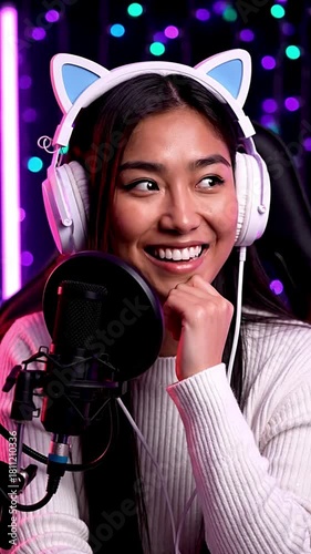 Asian Gamer Girl Streaming Online with Microphone and Cat Ear Headphones