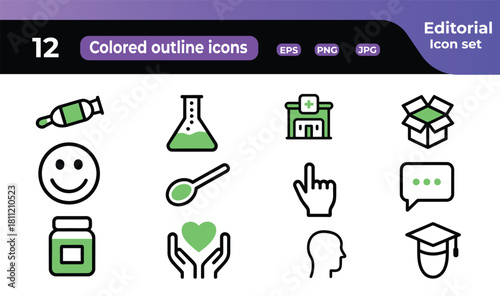 Collection of editorial outline icons in vibrant colors representing concepts of healthcare education and communication ideal for modern infographic designs and digital projects