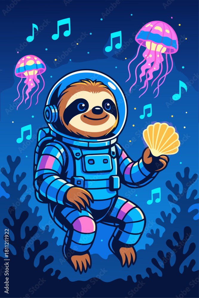 Naklejka premium Adorable Sloth Astronaut in Colorful Space Suit Surrounded by Floating Jellyfish in a Whimsical Cosmic Scene