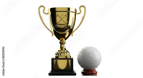 Golden golf trophy and ball on stand isolated on transparent background