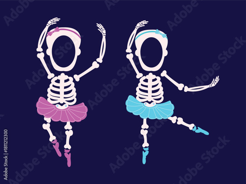 Two ballet skeletons dance in colorful tutus on a dark background.
