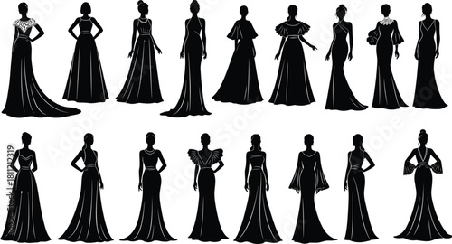 Stylized vector set of sixteen black evening gown silhouettes with diverse necklines, sleeves, skirt shapes, and elegant designs