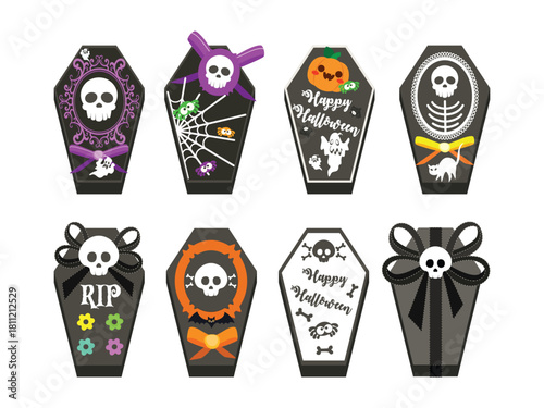 Colorful Halloween-themed coffin illustrations with spooky designs.